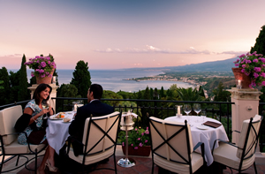 Terrace at dusk, The Restaurant, Grand Hotel Timeo, Taormina, Sicily, Italy | Bown's Best